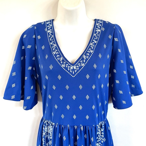 Vintage Alfred Shaheen Signed Blue White Spring Summer Midi Dress Size 12 (4/6) - Picture 4 of 15